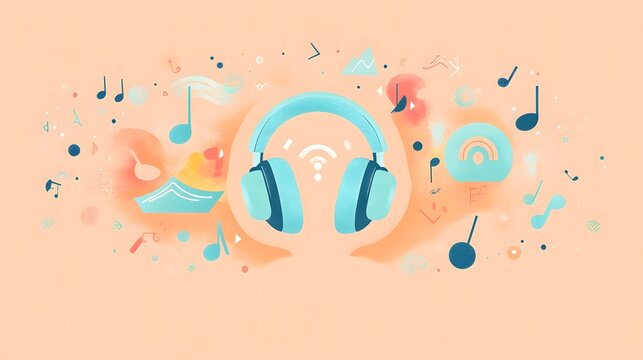 A flat illustration for World Hearing Day featuring an ear surrounded by symbols of sound, such as waves, headphones, and musical notes, in a soft and warm palette of light 