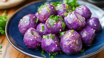 Fototapeta premium Steamed Purple sweet yam in a plate ready to eat 