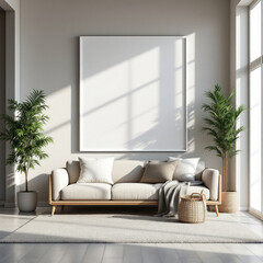 a large white picture frame hanging on the wall above a beige sofa with white pillows and a gray blanket. Cozy modern living room with photo frame design