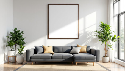 a gray sofa with two throw pillows, a large white picture frame on the wall, and two potted plants on either side of the sofa. Cozy modern living room with photo frame design
