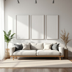 a white sofa with three blank picture frames above it, a wooden side table with a plant, and a rug on the wooden floor. Cozy modern living room with photo frame design