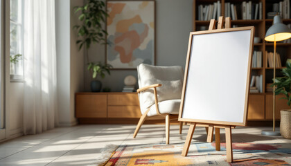 a living room with white chair and  a4 frame mockup