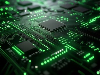 Fototapeta premium Closeup Green Circuit Board Glowing Microchip Technology. AI Generated