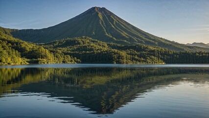 Volcanic Mountain and Lake Reflection in Morning Light