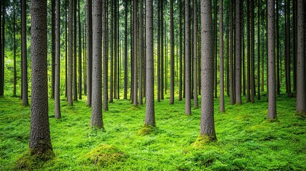 Obraz premium Dense forest with ancient trees and vibrant green moss covering the ground