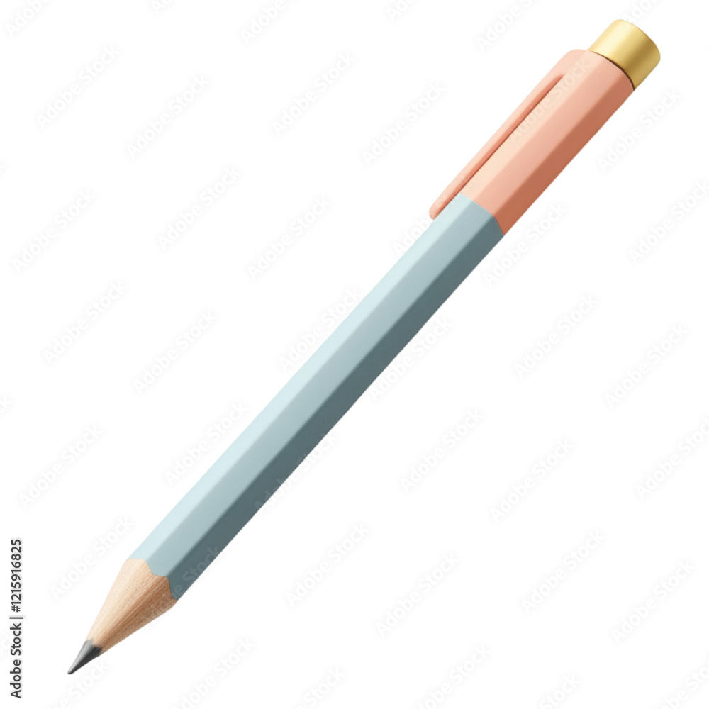 Poster Clay-modeled mechanical pencil with muted pastel tones, rounded features, and clean minimal design. Isolated on white with sufficient spacing.