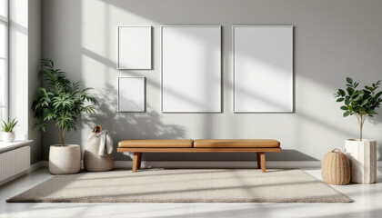a large window, a brown bench, and three blank picture frames on the wall. Cozy modern living room with photo frame design