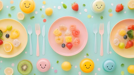 Creative flat illustration background for International School Meals Day with plates of colorful and nutritious meals arranged on a long table, decorated with smiling utensils and pastel accents 