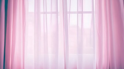 Obraz premium Sheer Pink Curtains Draped Over Window, Soft Light