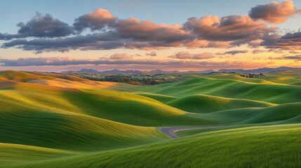 Obraz premium A curving asphalt road framed by green hills, with the setting sun casting soft, golden light across the sky and clouds.