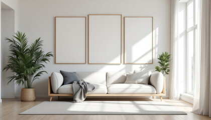 a white sofa with two gray throw pillows, a gray rug, and three blank picture frames on the wall above it. Cozy modern living room with photo frame design