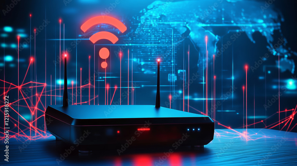 Poster a sleek black router emits a glowing wi-fi signal against a digital backdrop, showcasing data connec