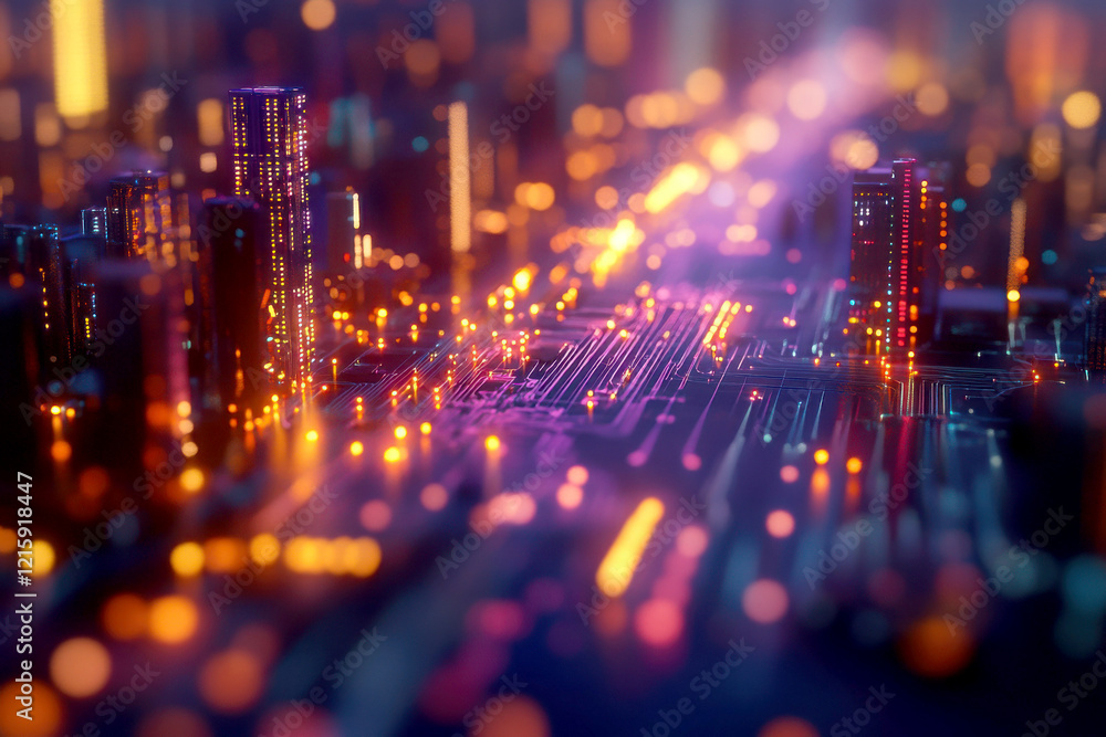 Poster abstract technology background with glowing circuit and lights.