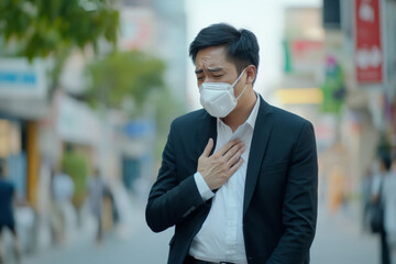 A Business Thai man  wearing face masks holding his chest in pain, standing on the sidewalk, PM 2.5 dust air  , Generative AI