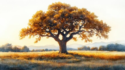 Fototapeta premium Majestic Single Tree in Golden Autumn Field at Sunrise