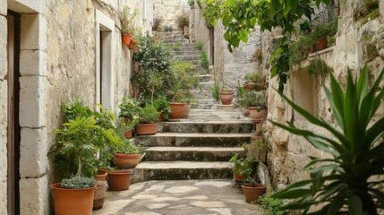 Fototapeta premium Ancient stone stairs with greenery. Rustic stone staircase covered with small green plants, leading to a medieval setting. Weathered texture of stones adds charm to the historical atmosphere.