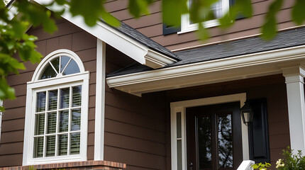 Fototapeta premium Elegant Home Exterior: Brown Siding, White Trim, and a Charming Arch Window. This stunning residential property showcases beautiful architecture and curb appeal.