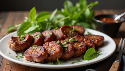 Grilled Lamb Chops Garnished with Fresh Herbs and Served with Mint Sauce
