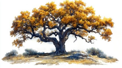 Fototapeta premium Majestic Oak Tree with Vibrant Yellow Leaves on a Sunny Day