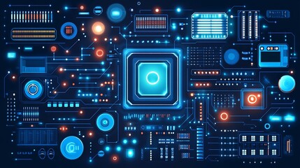 Intricate glowing circuit board displays vibrant blue technology. AI Generated