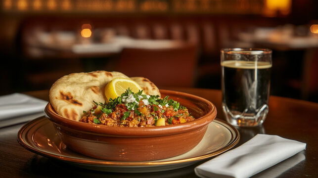 Traditional Egyptian Foul Medames with Aish Baladi and Tea in Cozy Restaurant