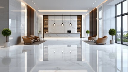 Modern hotel lobby with marble floor, reception desk, and seating area.