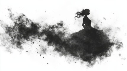 Silhouette Woman in Black Dress, Dark Ink Splashes
