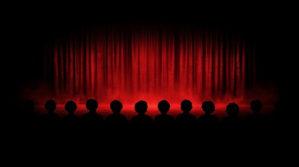 Silhouetted Audience Before Red Stage Curtain