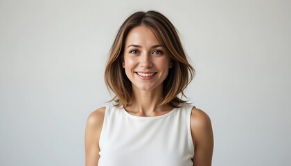 Portrait of a smiling young woman with shoulder-length brown hair wearing a white sleeveless top against a white background