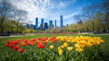 Vibrant tulip garden in spring with urban skyline backdrop in Central Park