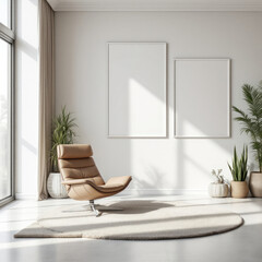a comfortable leather chair, a large rug, and two blank picture frames on the wall, creating a cozy and inviting atmosphere. Cozy modern living room with photo frame design