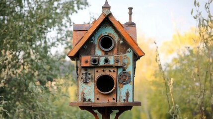 Crafting a birdhouse from reclaimed wood and recycled components