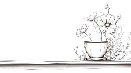 Teacup and Cosmos Flowers Resting on Wooden Surface