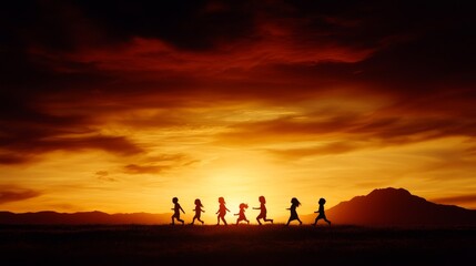 Fototapeta premium Silhouetted Children Playing at Sunset Landscape