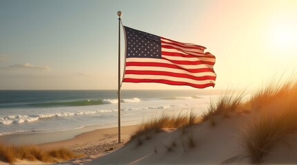 American Flag Beach Sunset Waves Sand Dune Scene