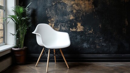 Bright white chair in a stylish room with black walls 