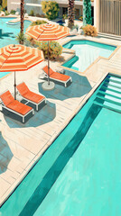 contemporary above view painting of a retro style Palm Springs resort with umbrellas, chairs, pool, and palm trees using muted pastel colors