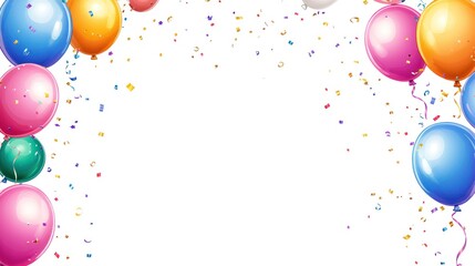 Colorful balloons and confetti border on white background.
