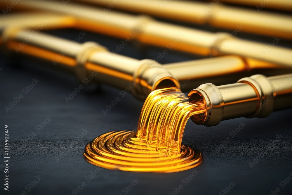 Poster a stream of golden liquid flows from a metallic pipe, creating circular ripples on a dark surface, s