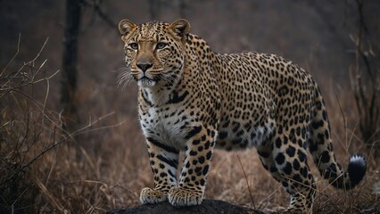 Fototapeta premium Majestic leopard standing on a rock in a savannah with dry grassland surroundings