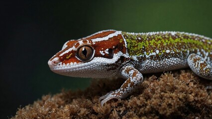 Naklejka premium Colorful gecko resting on moss in a close-up shot