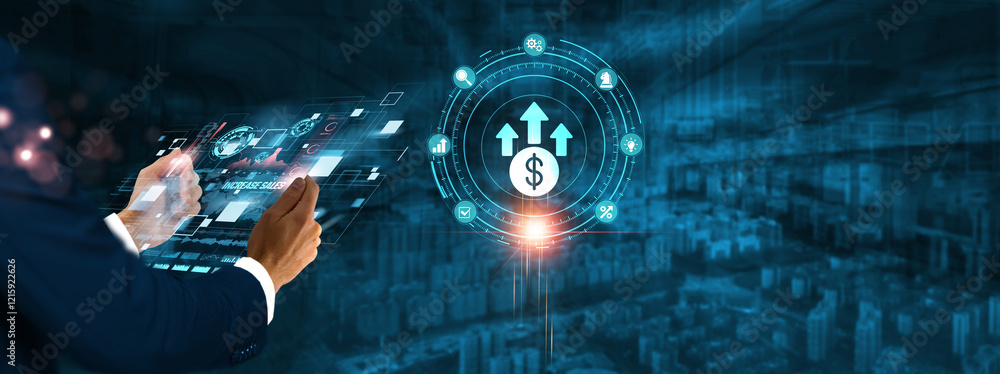 Poster increase sales: businessman holding virtual interface panel of digital device on global networking, 