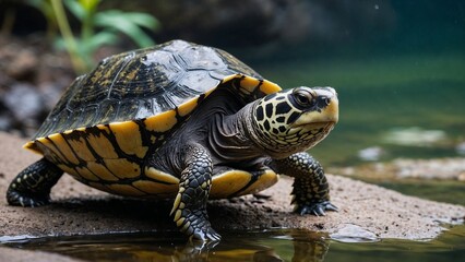 Obraz premium Turtle resting on the shore, basking in the sun by the water's edge