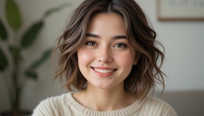 Portrait of a young woman with beautiful brown wavy hair and a bright smile, wearing a cream-colored sweater, indoor setting
