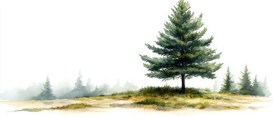 Serene Landscape with Green Pine Tree on a Misty Background