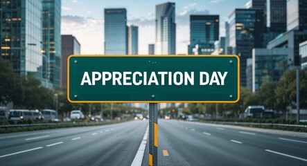 Obraz premium appreciation day text on road sign in middle of modern business city background