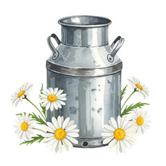Rustic Watercolor Milk Can with Daisies Farm Fresh Design metal white rural dairy image summer      