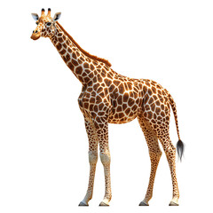 A realistic depiction of a giraffe standing upright, showcasing its distinctive patterns.