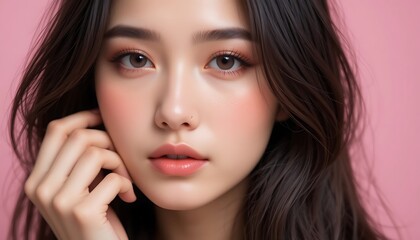 Close-up portrait of a beautiful young woman with long dark hair, flawless skin, and delicate makeup, showcasing her natural beauty against a soft pink background.