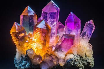 Vibrant amethyst and citrine crystal cluster on dark background.